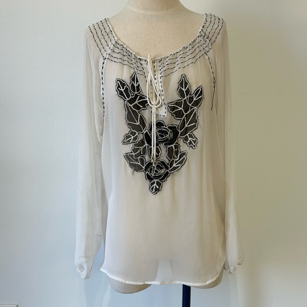 Aziz Sheer White Long Sleeve Blouse with Contrast Stitching and Bead Design - L